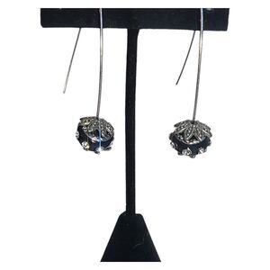 Silver Tone Black Glass & Crystal Rhinestone Drop Dangle Earrings